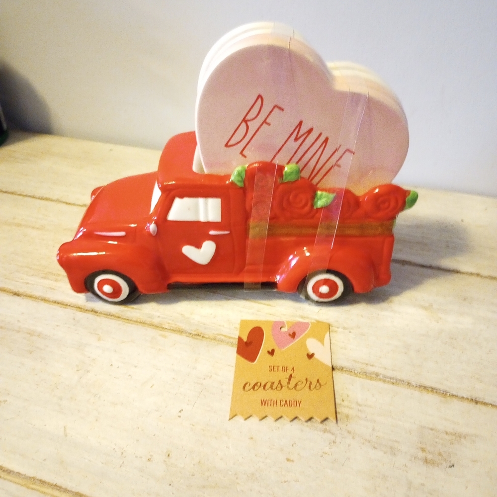 Valentine's Day Home Decor Set Be Mine Heart Coasters 4 Piece Red Truck Holder